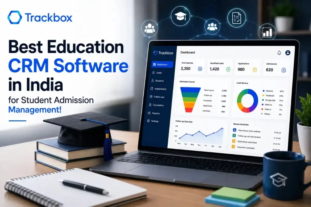 Best Education CRM Software in India for student admission management with Trackbox dashboard showing leads, applications, admissions, and analytics.