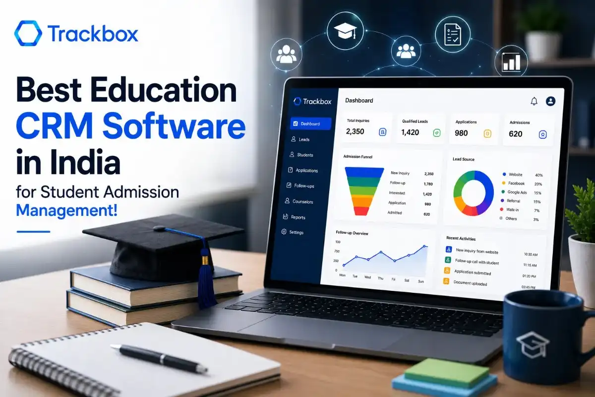 Best Education CRM Software in India for student admission management with Trackbox dashboard showing leads, applications, admissions, and analytics.