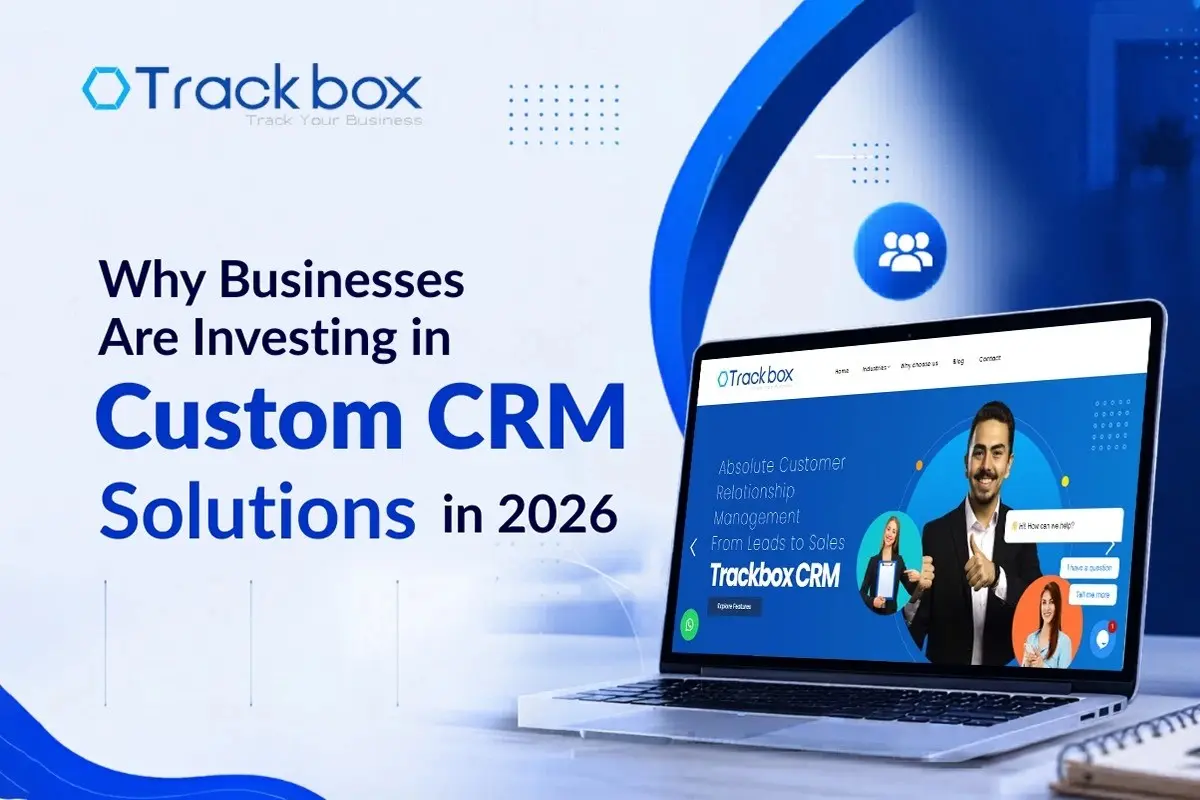 Best Custom Lead Management CRM Software in Kochi, Kerala displayed on a modern business banner featuring CRM dashboard on a laptop screen, customer management tools, and Trackbox branding.