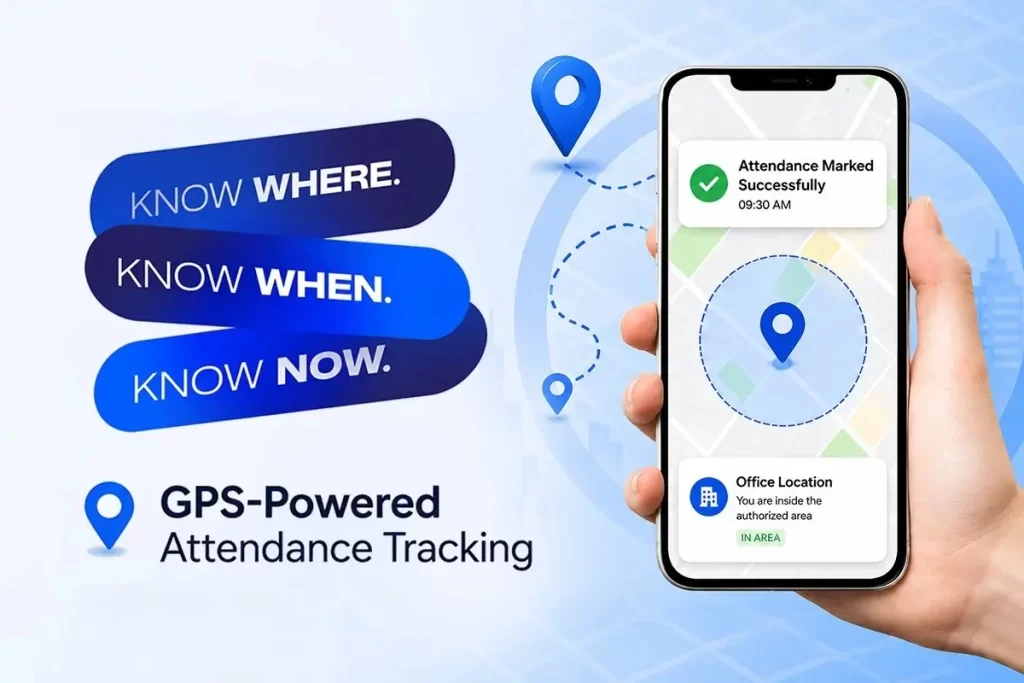 Best Field Force Management Software for Growing Businesses featuring GPS-powered attendance tracking, real-time employee location monitoring, and mobile workforce management on a smartphone app.