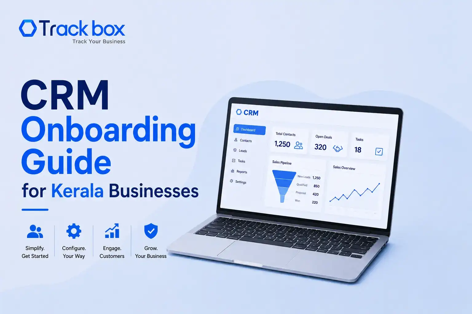 CRM onboarding process for businesses in Kerala, featuring a CRM dashboard, setup steps, data management, and business growth.